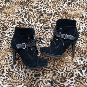 y2k 2000s guess black suede lace up ankle stiletto heeled boots